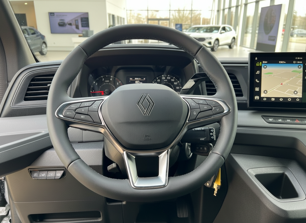 Renault Innenraum mit Lenkrad, Tacho und Navigationssystem im Autohaus
