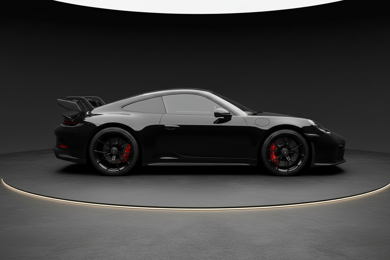 Schwarzer Porsche 911 GT3 Sportwagen in Seitenansicht mit markanten roten Bremssätteln, großem Heckflügel und schwarzen Felgen in elegantem Studio mit Ambientebeleuchtung