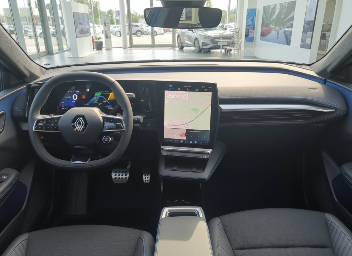 Renault Innenraum mit digitalem Cockpit und großem Touchscreen-Infotainmentsystem