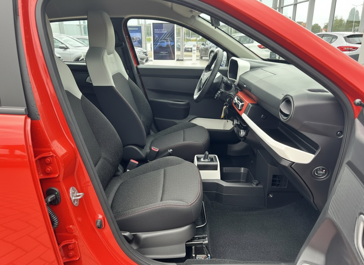 Roter Kleinwagen Innenraum mit schwarzen Stoffsitzen, weißem Armaturenbrett und Mittelkonsole