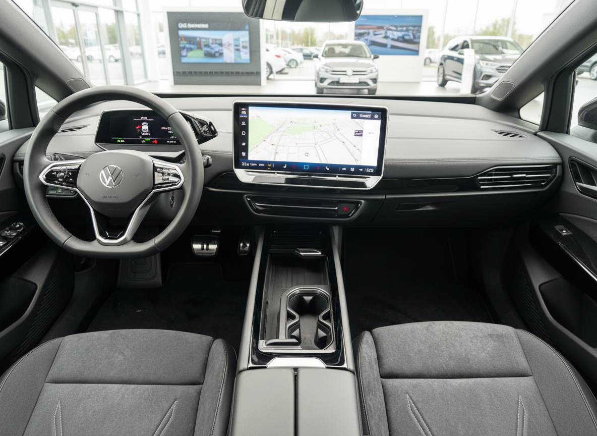 Volkswagen ID.4 Innenraum mit Navigationssystem und Alcantara-Sitze im VW-Autohaus