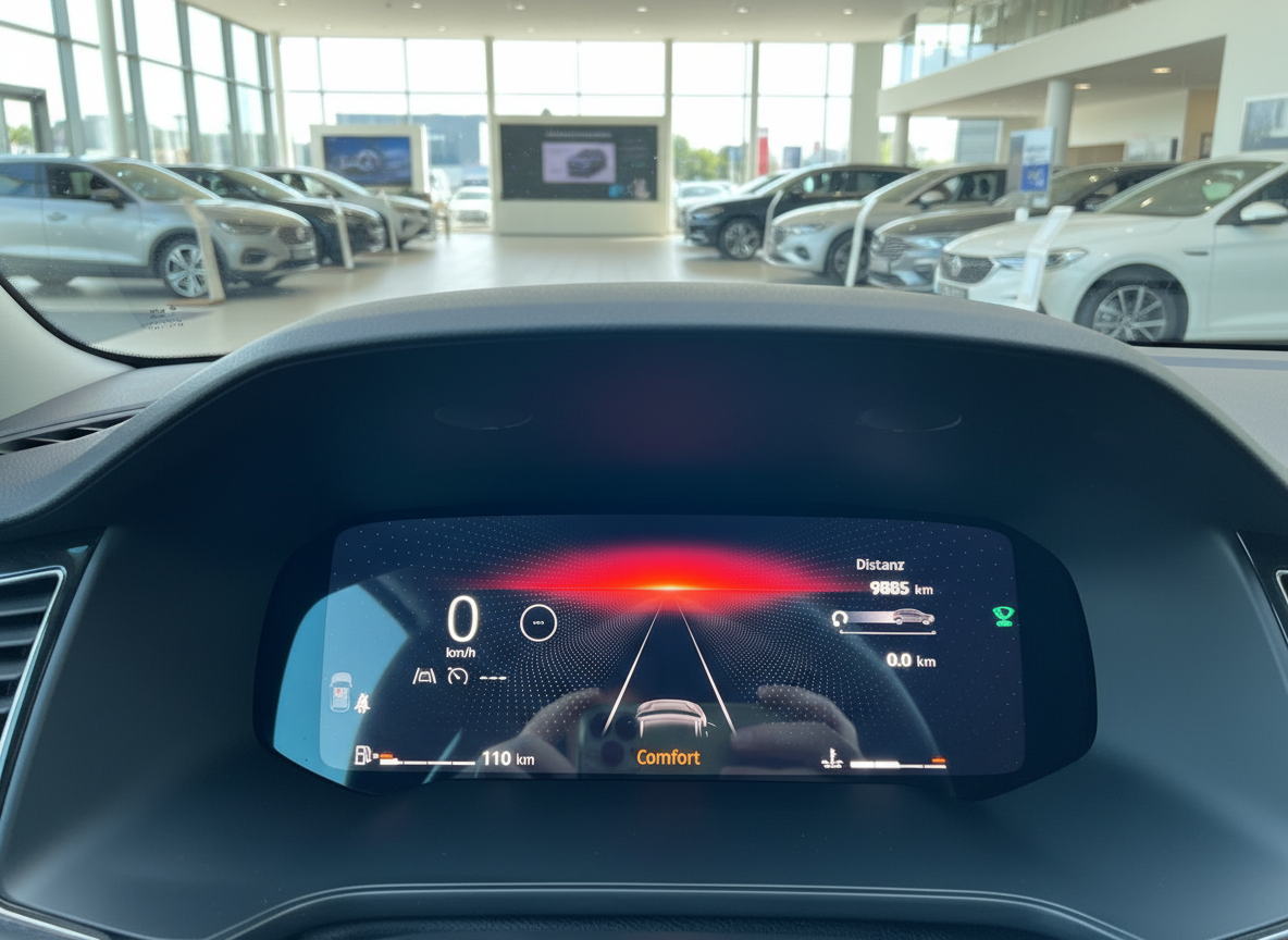 Digitales Kombiinstrument im Volkswagen Innenraum mit Fahrerassistenzsystem-Anzeige im Autohaus