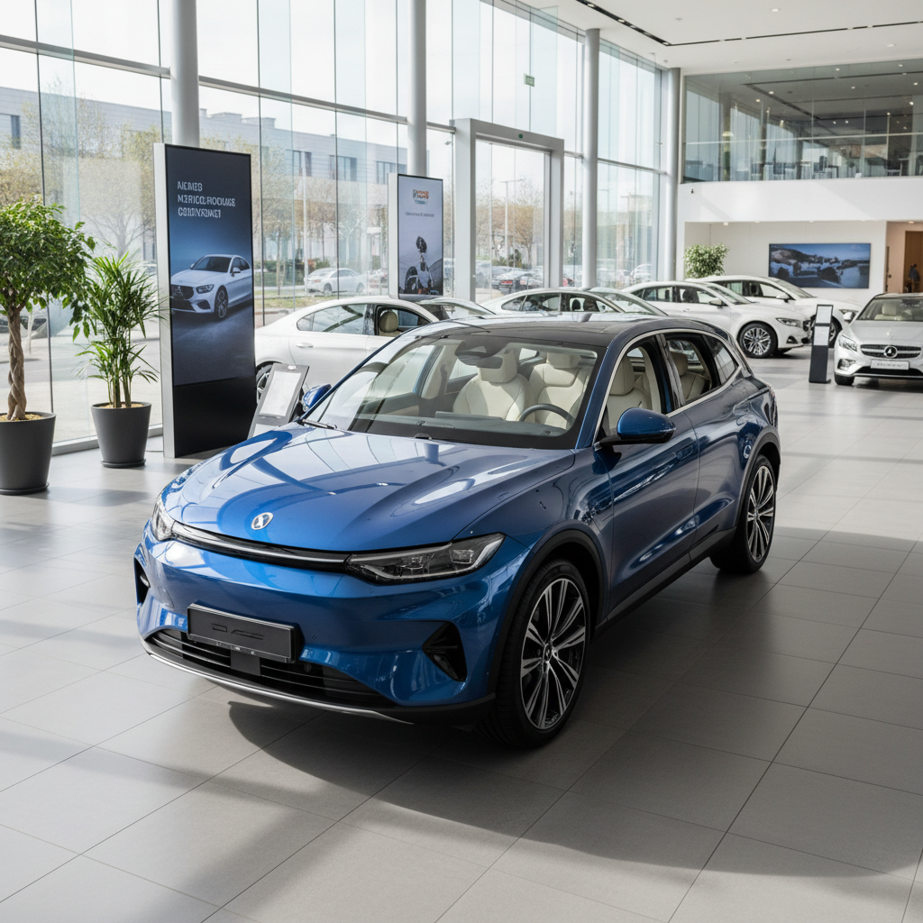 Blauer Elektro-SUV in modernem Autohaus-Showroom, Frontansicht mit hellem Interieur