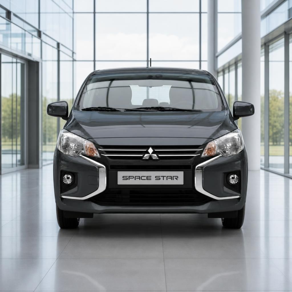 Mitsubishi Space Star dunkelgrau Frontansicht im Showroom – kompakter Stadtflitzer