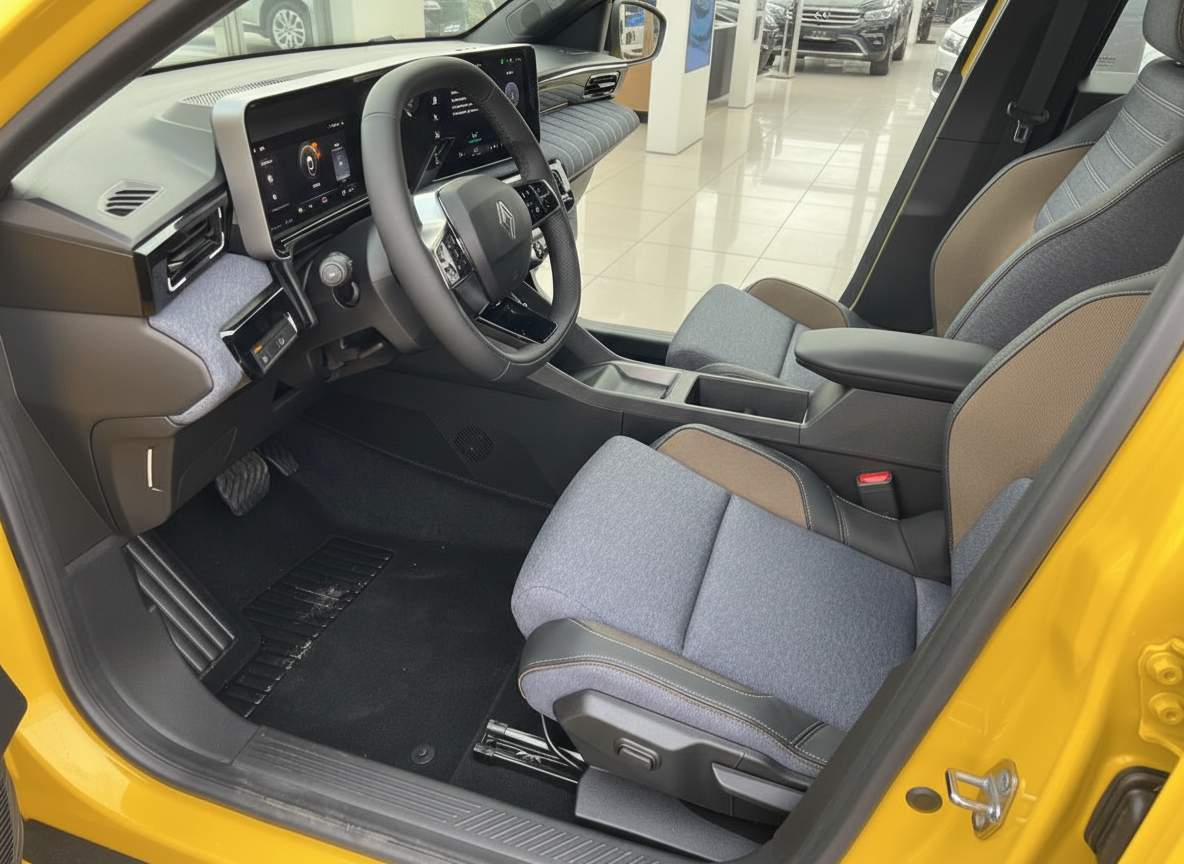 Renault Innenraum in Gelb – modernes Cockpit mit Touchscreen, Lenkrad und Stoffsitze in Grau-Braun