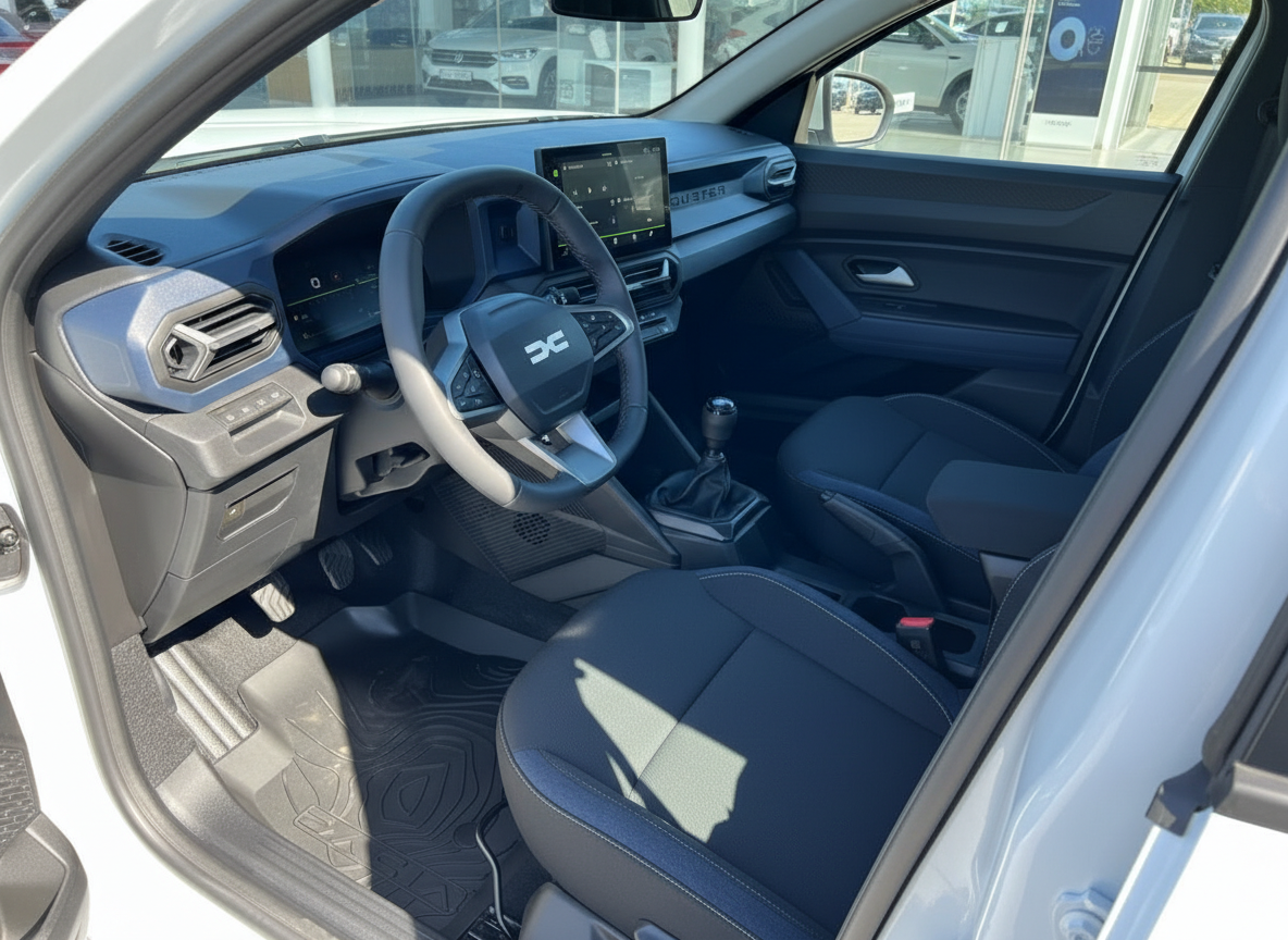 Dacia Duster Innenraum mit Lenkrad, Touchscreen und schwarzen Stoffsitzen