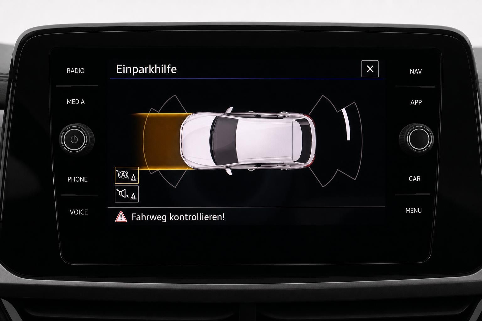 Einparkhilfe-Anzeige mit Sensorbereichen im Touchscreen des Autos
