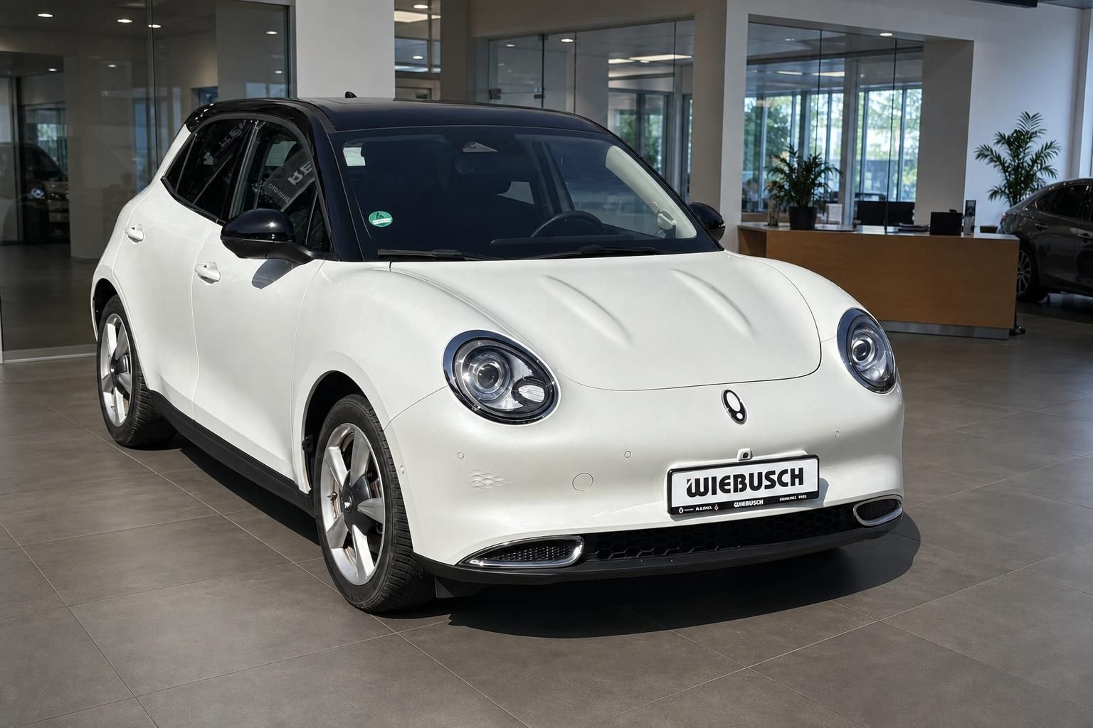 ORA Elektroauto weiß mit schwarzem Dach - Frontansicht mit runden Scheinwerfern
