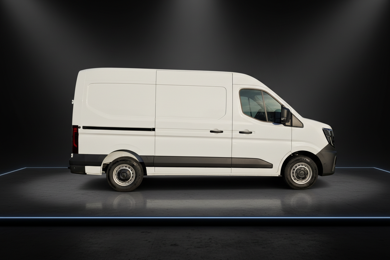 Weißer Mercedes-Benz Sprinter Transporter Seitenansicht auf dunklem Studiohintergrund - Lieferwagen für Gewerbe und Transport