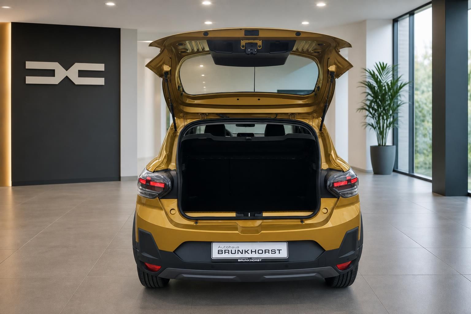 Dacia mit geöffneter Heckklappe und Kofferraum in Showroom