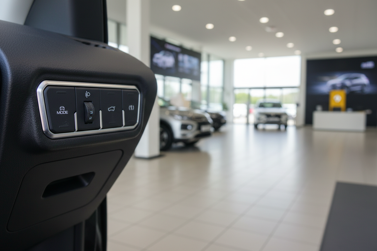 Renault Fahrzeug Innenraum Türverkleidung mit Schaltern im modernen Autohaus-Showroom