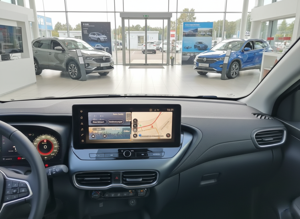 Innenraum eines DFSK-Fahrzeugs mit Touchscreen-Display und Navigationssystem im Autohaus-Showroom