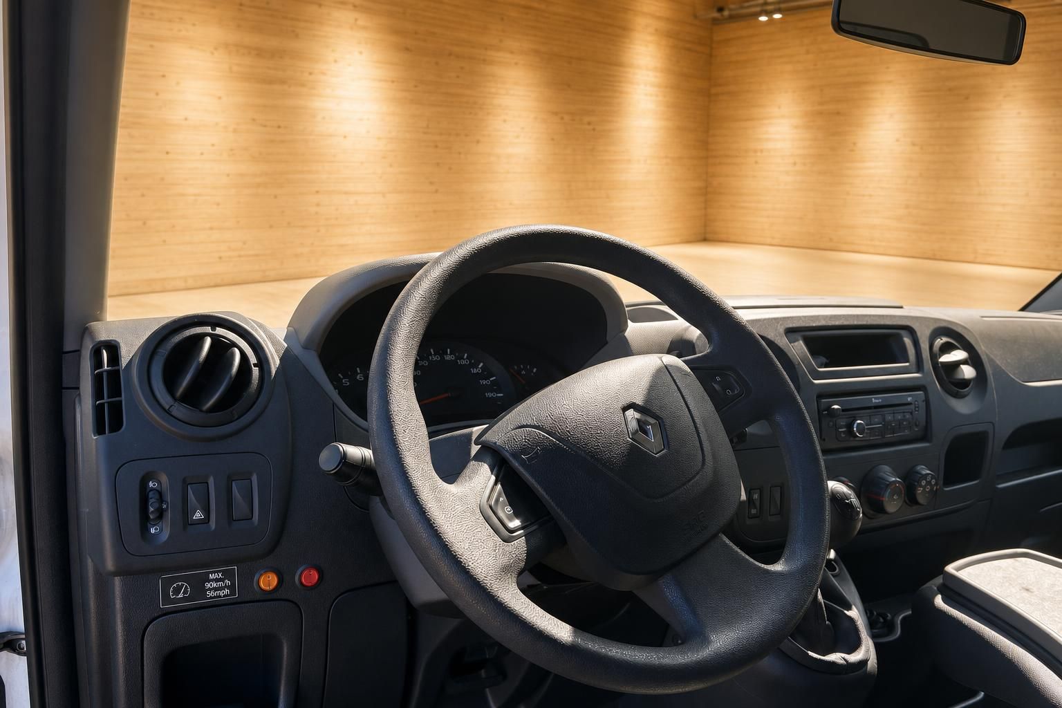 Renault Master Cockpit mit Lenkrad, Tacho, Radio und Schaltgetriebe – Fahrerseite Innenansicht