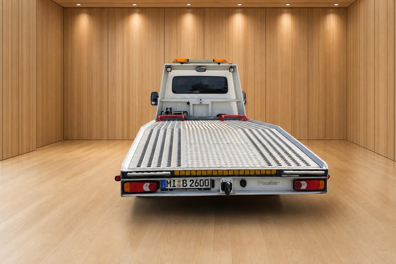Renault Master Abschleppwagen Heckansicht mit Aluminium-Laderampe und Kennzeichen MI-B 2600