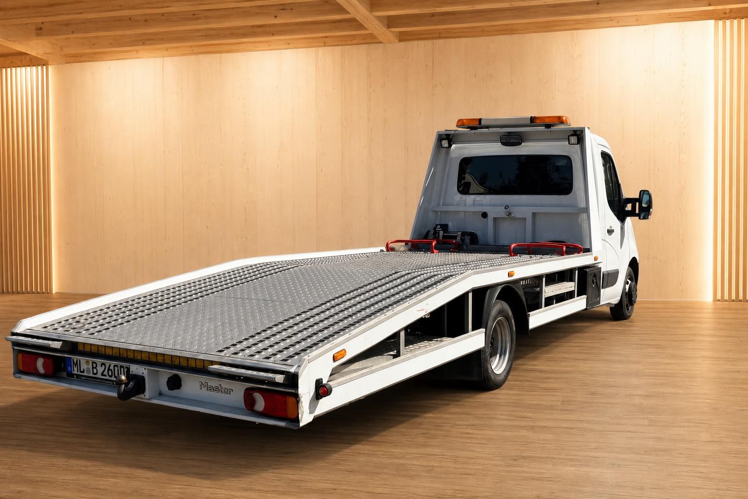 Renault Master Abschleppwagen weiß Heckansicht mit Aluminium-Laderampe und Blaulichtbalken