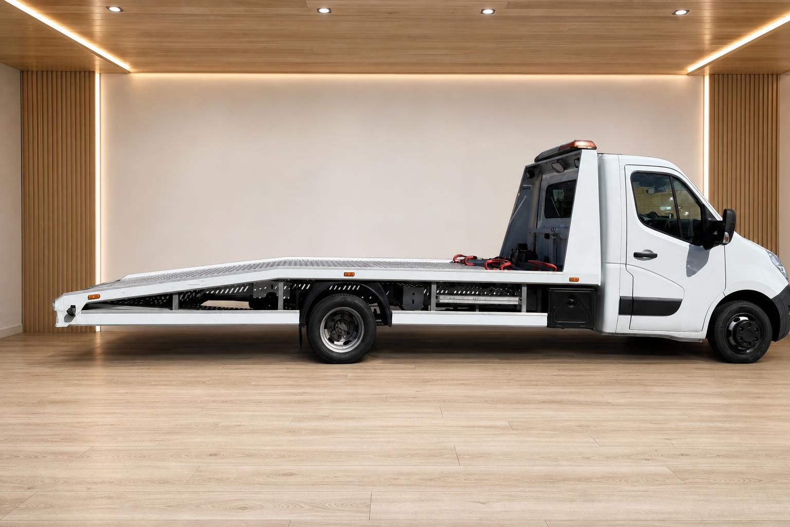 Weißer Renault Master Abschleppwagen mit Auffahrrampe, Seitenansicht im Showroom