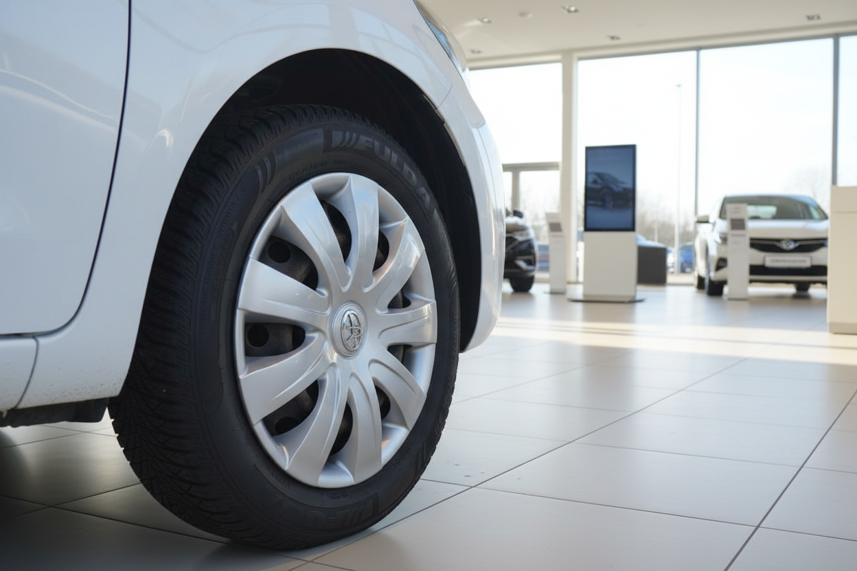 Weißer Toyota im Autohaus-Showroom, Nahaufnahme Vorderrad mit Michelin-Reifen