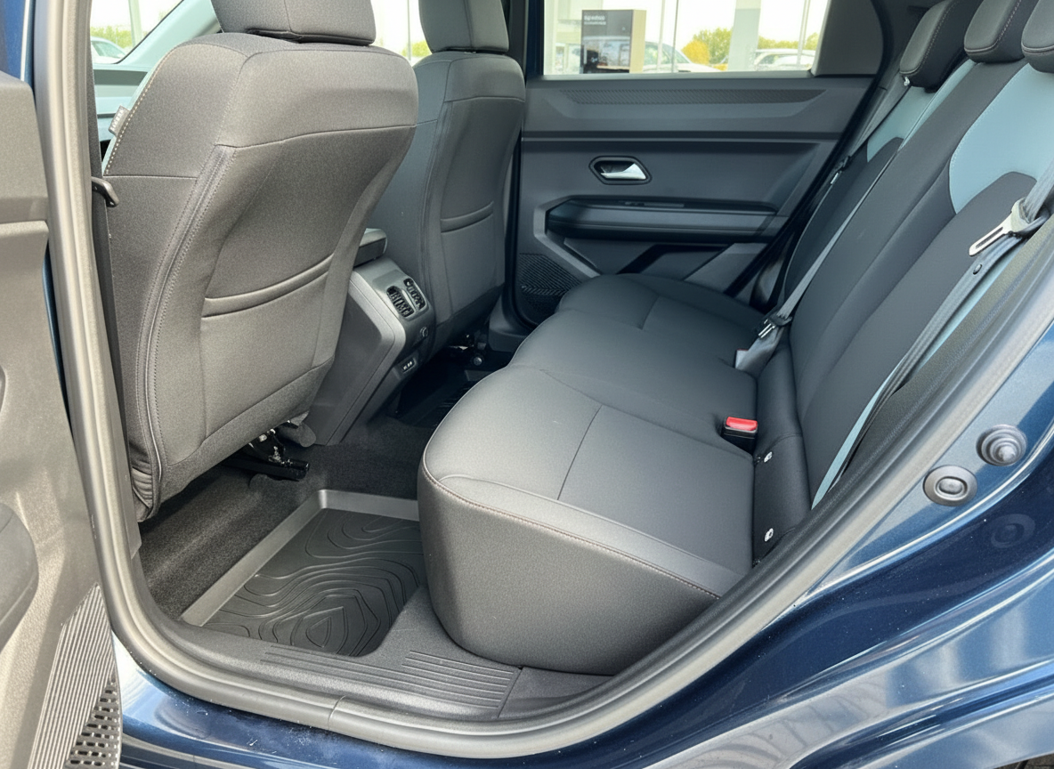 Fahrzeug Innenraum Rücksitzbereich mit schwarzen Ledersitzen und Sicherheitsgurten