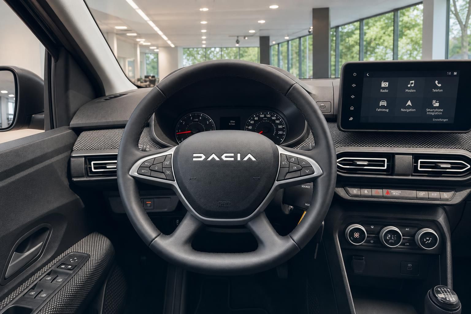 Dacia Fahrzeug Innenraum mit Lenkrad, Armaturenbrett und Touchscreen-Display im Autohaus