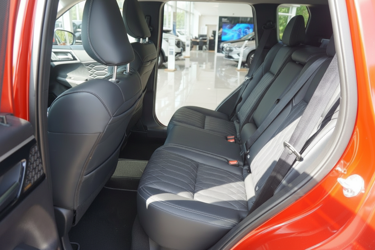 Innenraum Rücksitzbank mit schwarzem Leder und weißen Kontrastnähten in orangem SUV