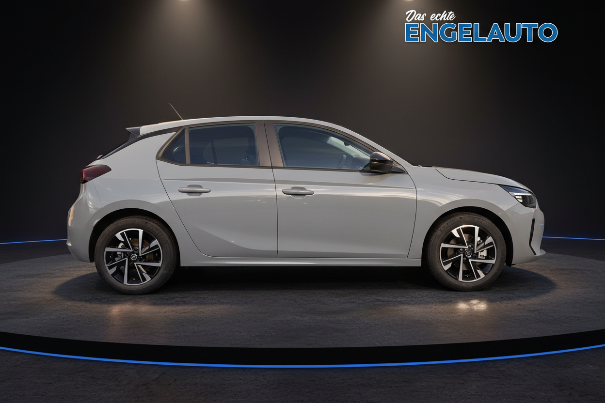 Weißer Opel Corsa Seitenansicht im Showroom bei Engelauto - Kompaktwagen mit modernen Leichtmetallfelgen und sportlichem Design