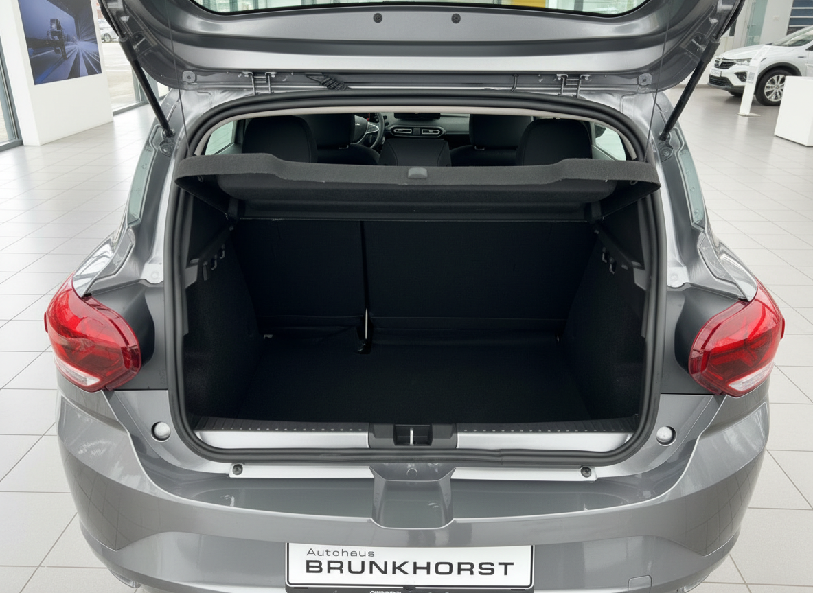 Grauer Dacia Sandero Kofferraum offen Autohaus Brunkhorst Heckansicht