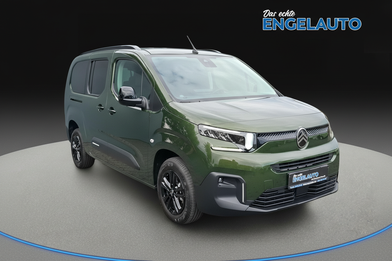 Neuer Citroën Berlingo in Khaki-Grün metallic mit schwarzen Alufelgen, LED-Scheinwerfern und silbernen Designelementen – Seitenansicht bei Engelauto Autohaus