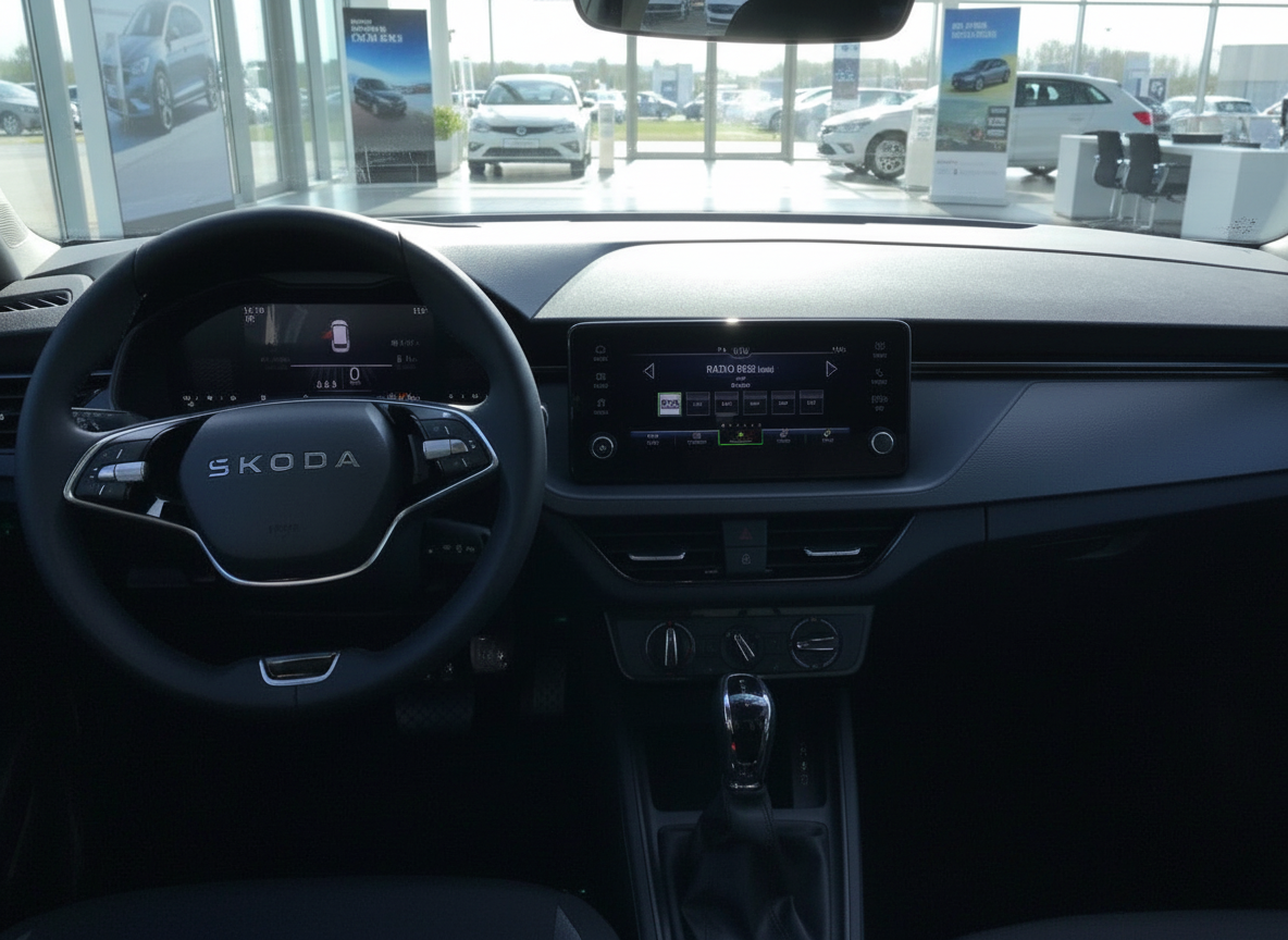 Škoda Innenraum mit digitalem Cockpit und Infotainment-Touchscreen in modernem Autohaus