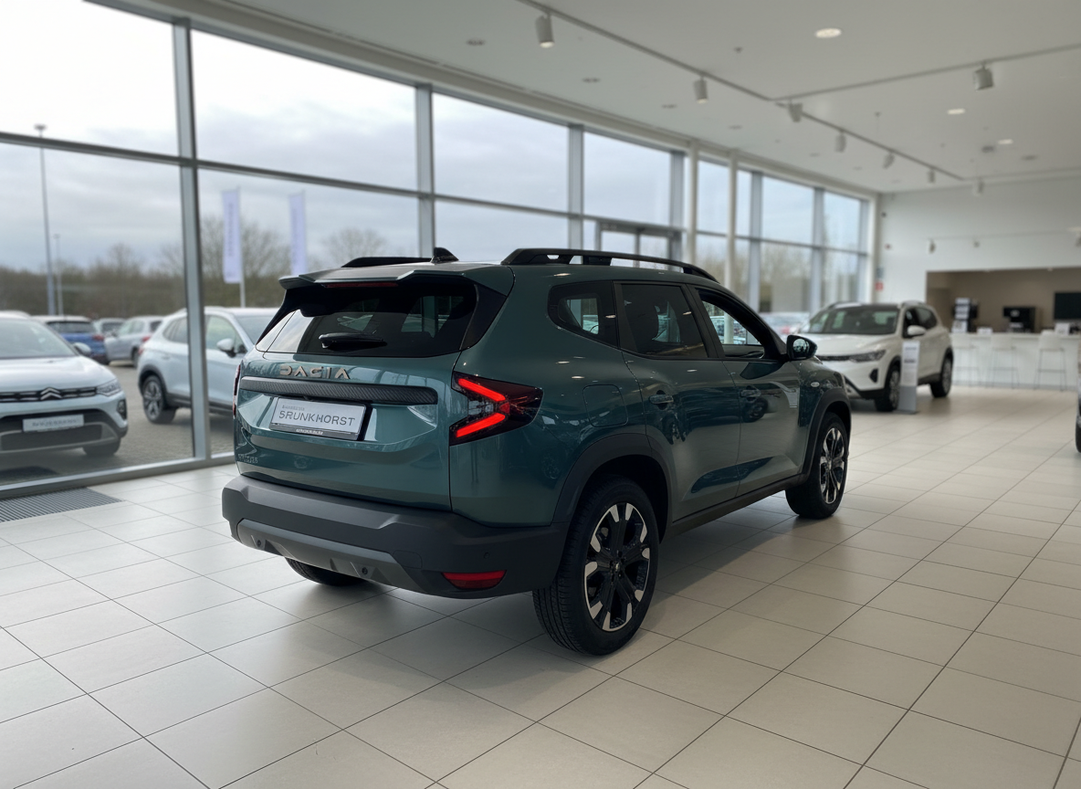 Dacia Duster in Grün Heckansicht im Autohaus Brunkhorst Showroom