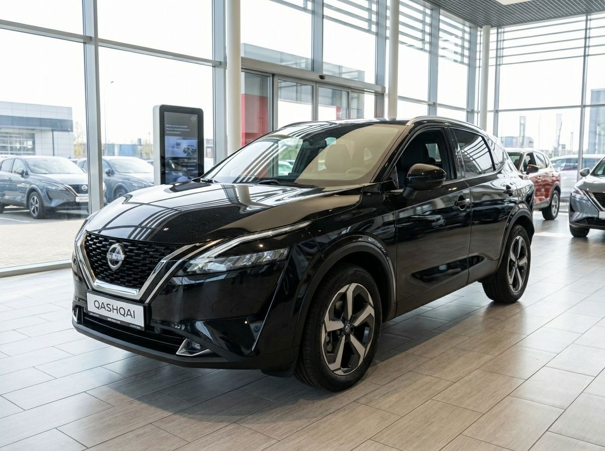 Schwarzer Nissan Qashqai Neuwagen im Autohaus Showroom Frontansicht