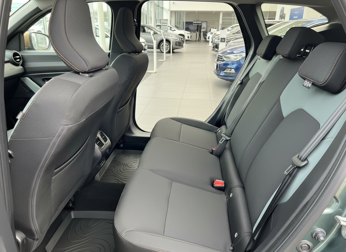 Innenraum Rücksitzbank eines Kompakt-SUV in schwarzem Stoff mit orangefarbener Kontrastnaht im Autohaus