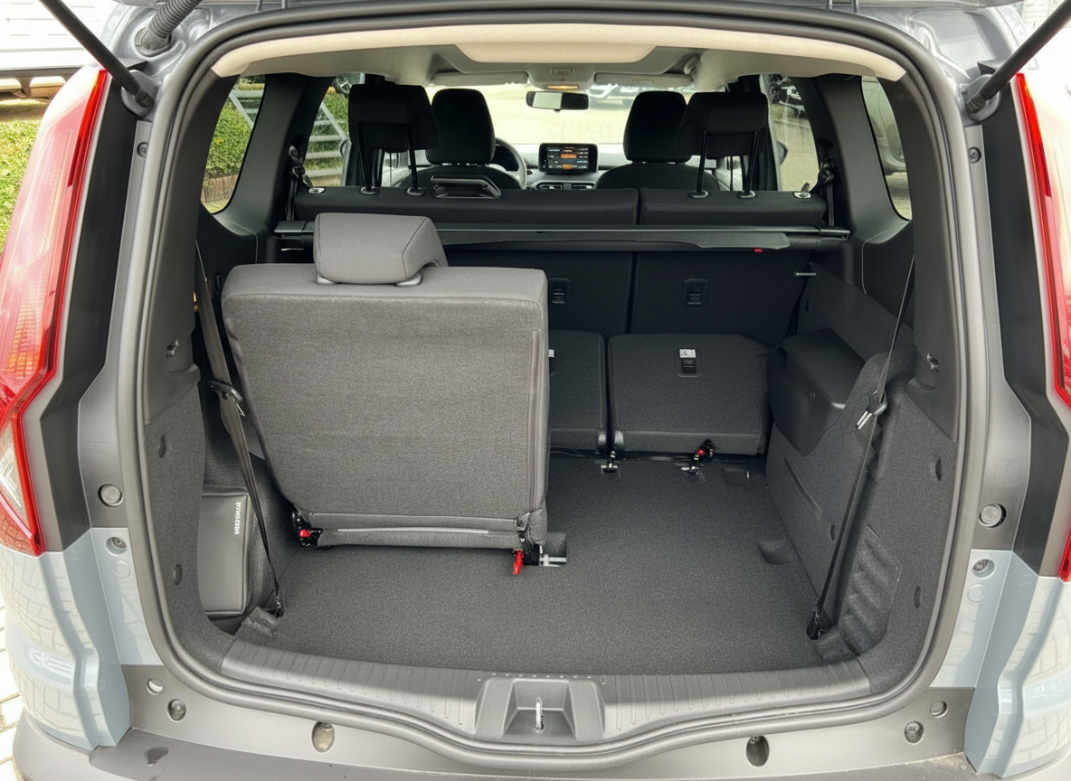 Kofferraum eines silbernen Dacia Jogger mit umklappbarer dritter Sitzreihe und großem Laderaum