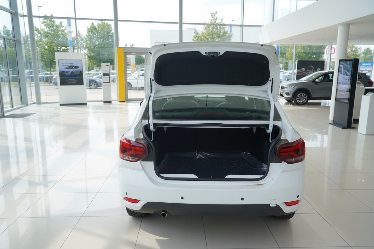 Weißer Sedan mit geöffnetem Kofferraum im Autohaus – Innenraum des Gepäckraums