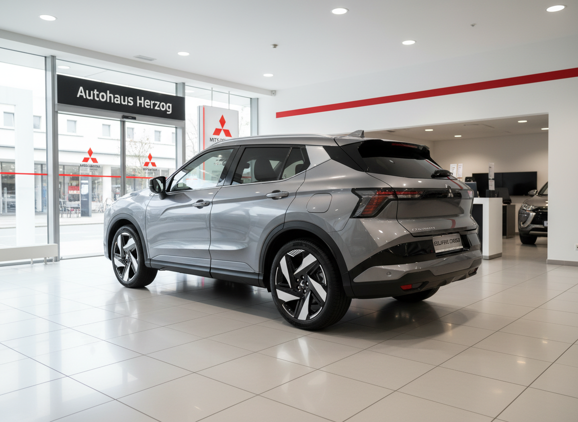 Mitsubishi Eclipse Cross PHEV in Grau im Autohaus Herzog Showroom – Heckansicht