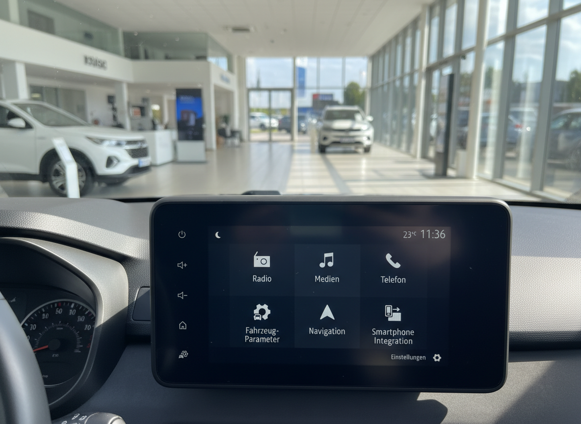Dacia Infotainment-System Touchscreen mit Radio, Navigation und Smartphone-Integration im Autohaus