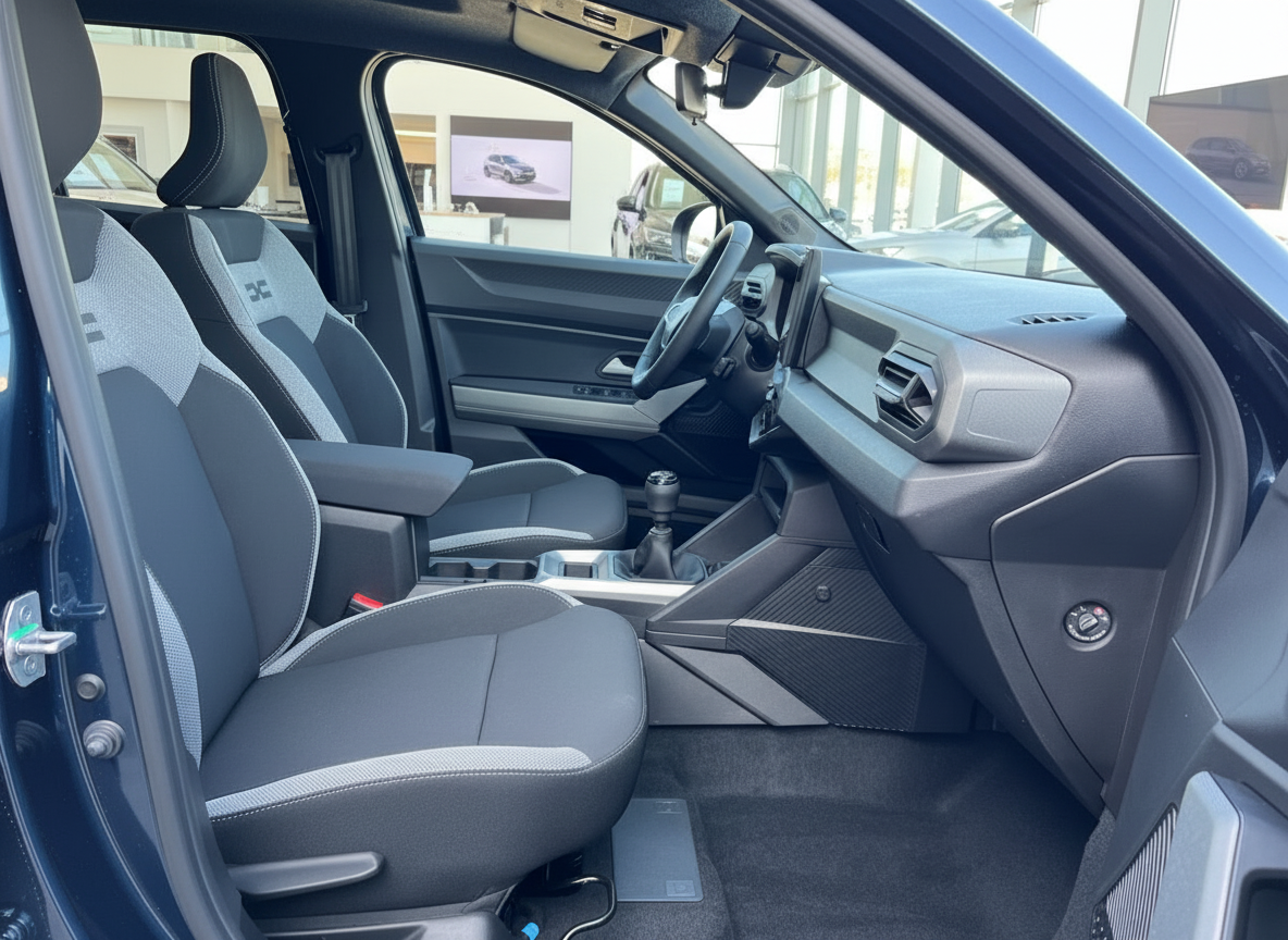 Dacia Duster Innenraum Fahrersitz mit Schaltgetriebe und grau-schwarzen Sportsitzen