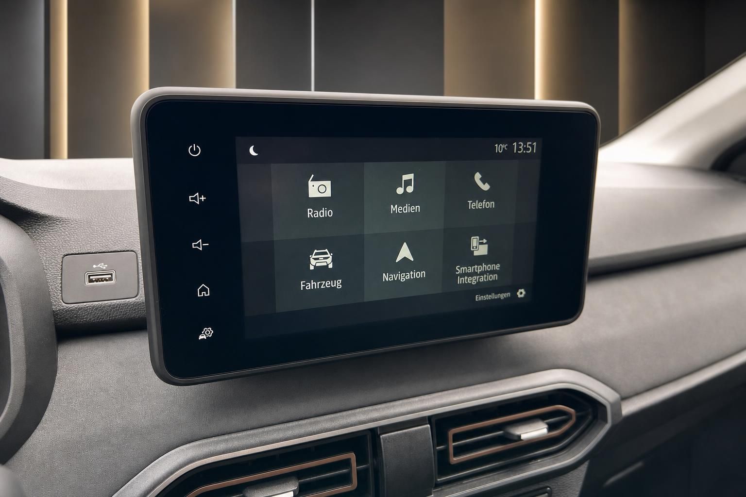 Dacia Fahrzeug Touchscreen-Display mit Navigationssystem und Infotainment-Menü