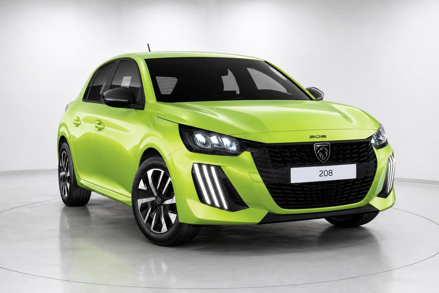 Peugeot 208 Frontansicht in Gelbgrün mit LED-Tagfahrlicht und schwarzem Kühlergrill