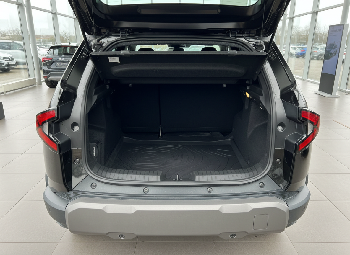 Schwarzes SUV Kofferraum geöffnet im Autohaus – geräumiger Laderaum mit Gummimatte