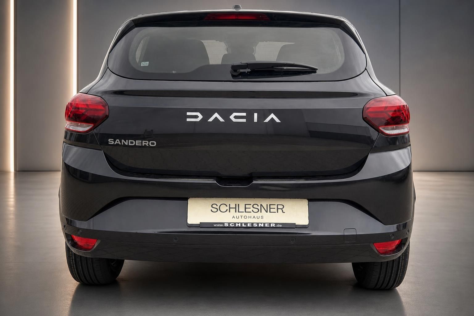 Dacia Sandero schwarz Heckansicht mit Kennzeichenhalter Schlesner