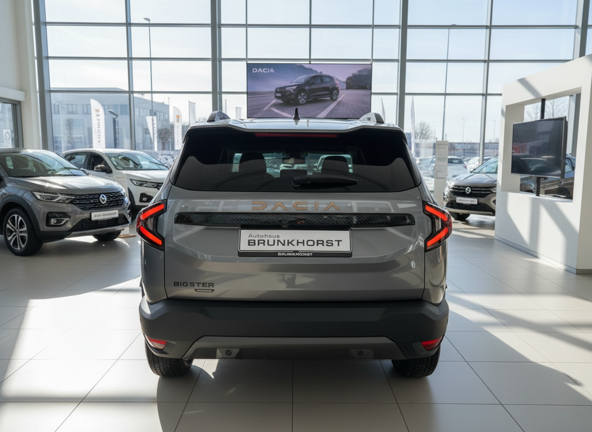 Dacia Bigster SUV Heckansicht in Grau im Autohaus Brunkhorst Showroom