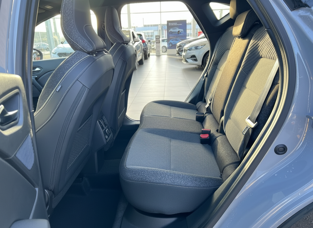 Fahrzeug Innenraum Rücksitzbank mit schwarzen Stoff- und Ledersitzen in grauem SUV