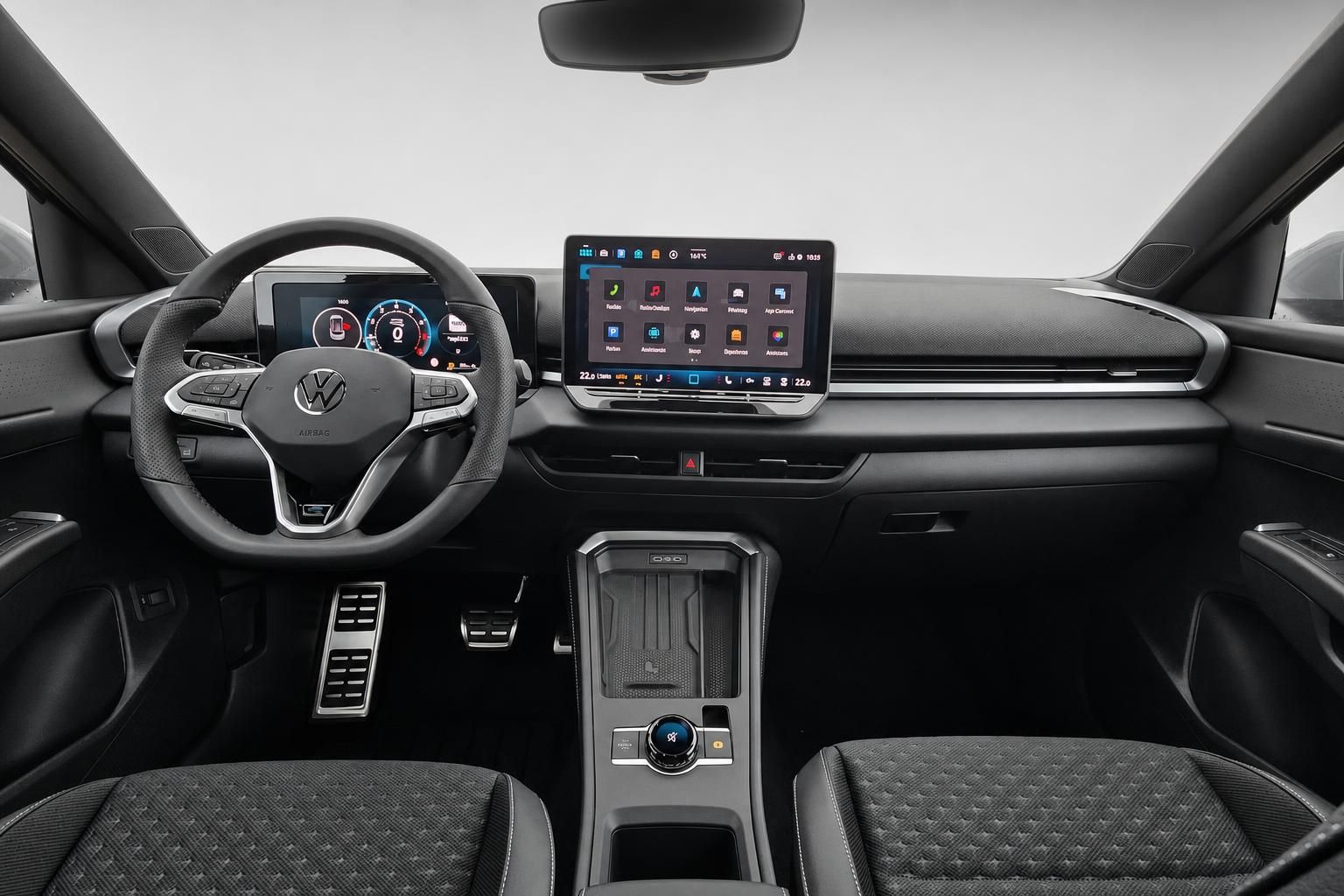 VW Cockpit mit Lenkrad, Digitaltacho und Touchscreen im Detail