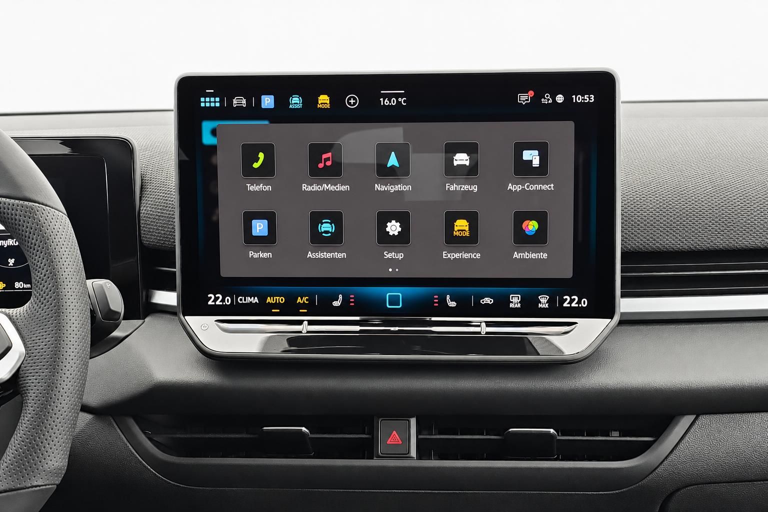 VW Infotainment-Touchscreen mit Menüsymbolen im Detail