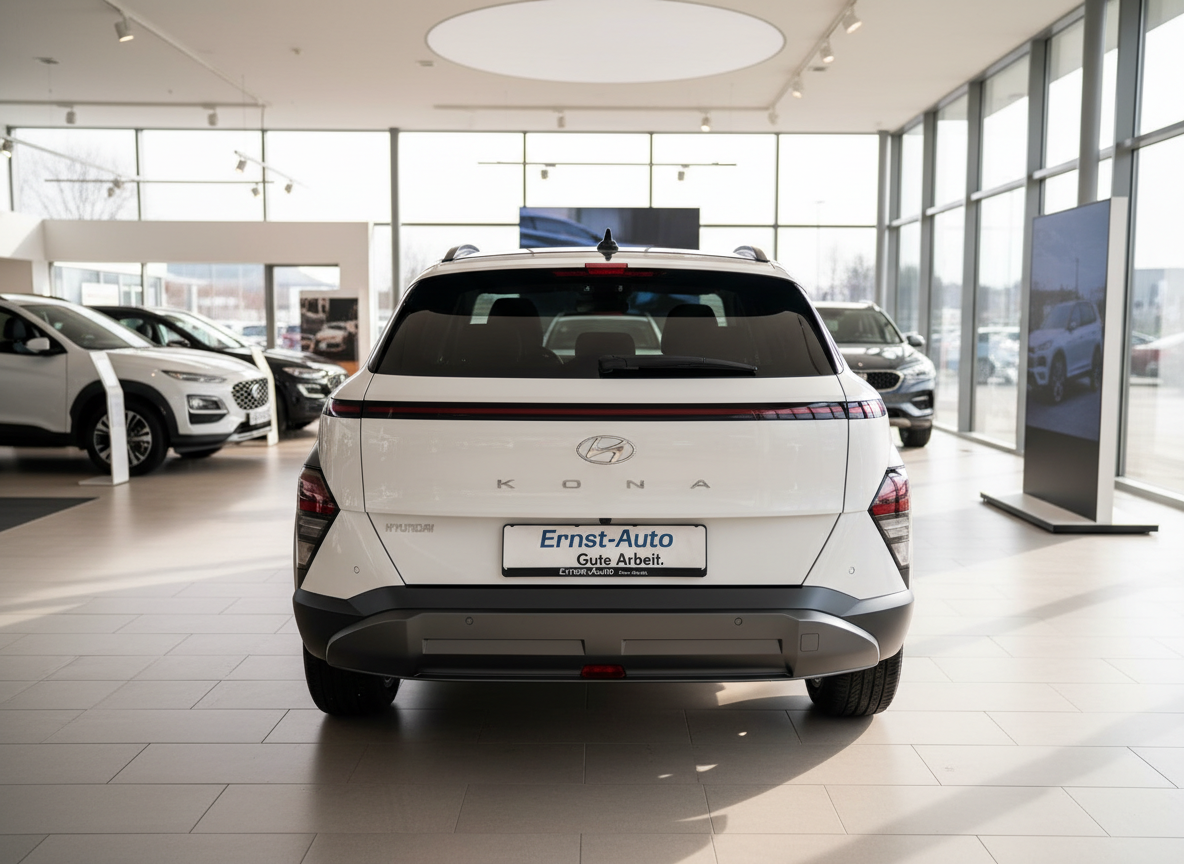 Hyundai Kona in Weiß – Heckansicht im Autohaus Ernst-Auto