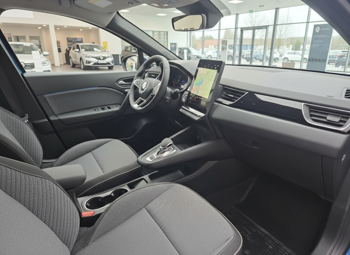 Renault Captur Innenraum mit großem Touchscreen-Navi, grauem Stoffsitzen und automatischem Getriebe