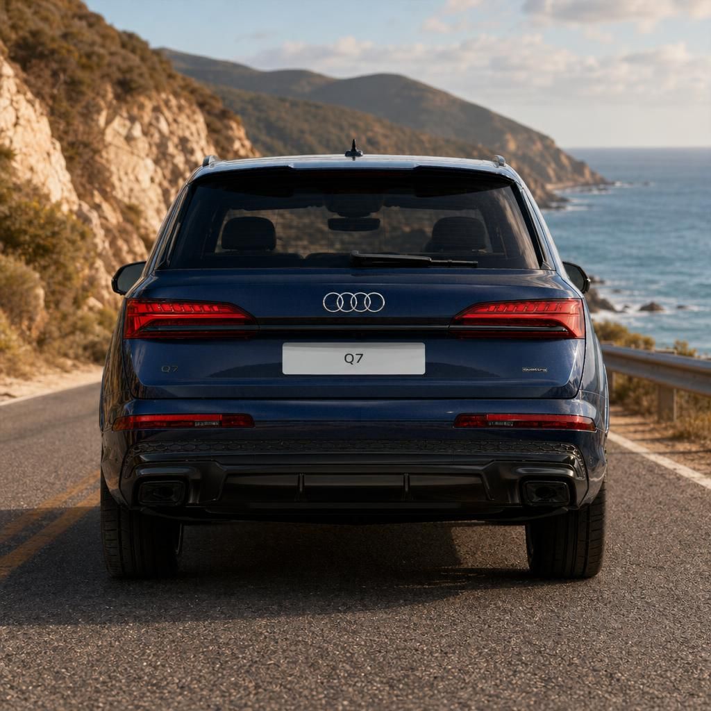 Audi Q7 SUV Heckansicht zentral mit LED-Rücklichtern vor Berglandschaft und Meerblick