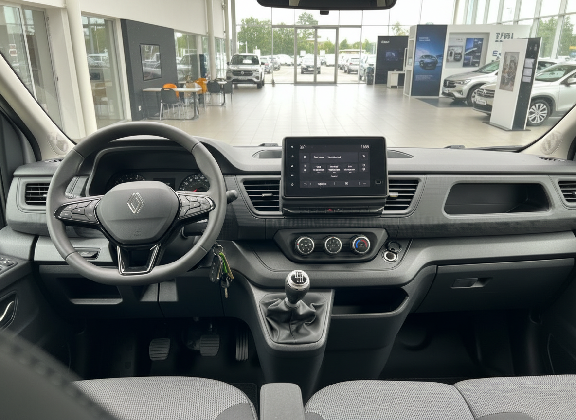 Renault Trafic Innenraum mit Cockpit, Touchscreen-Infotainment und Schaltgetriebe