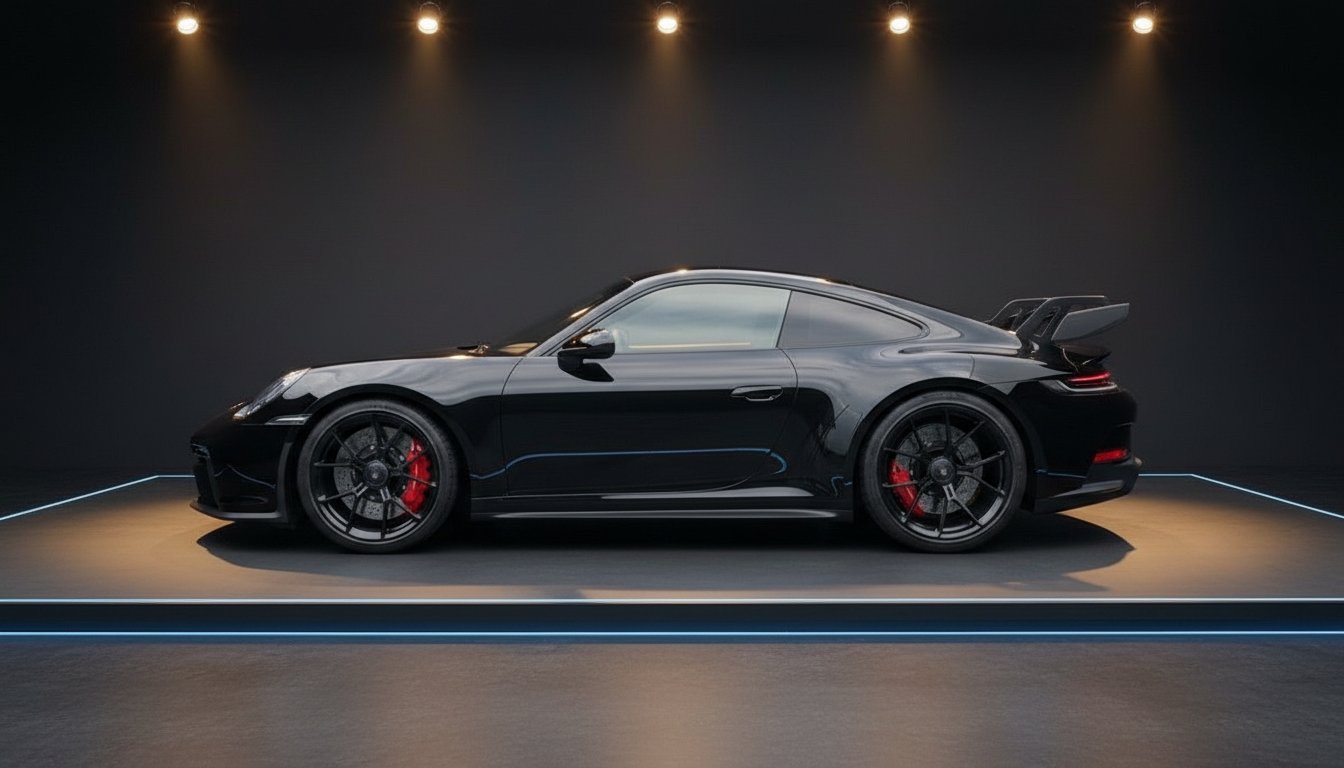 Schwarzer Porsche 911 GT3 Seitenansicht im Studio mit roten Bremssätteln