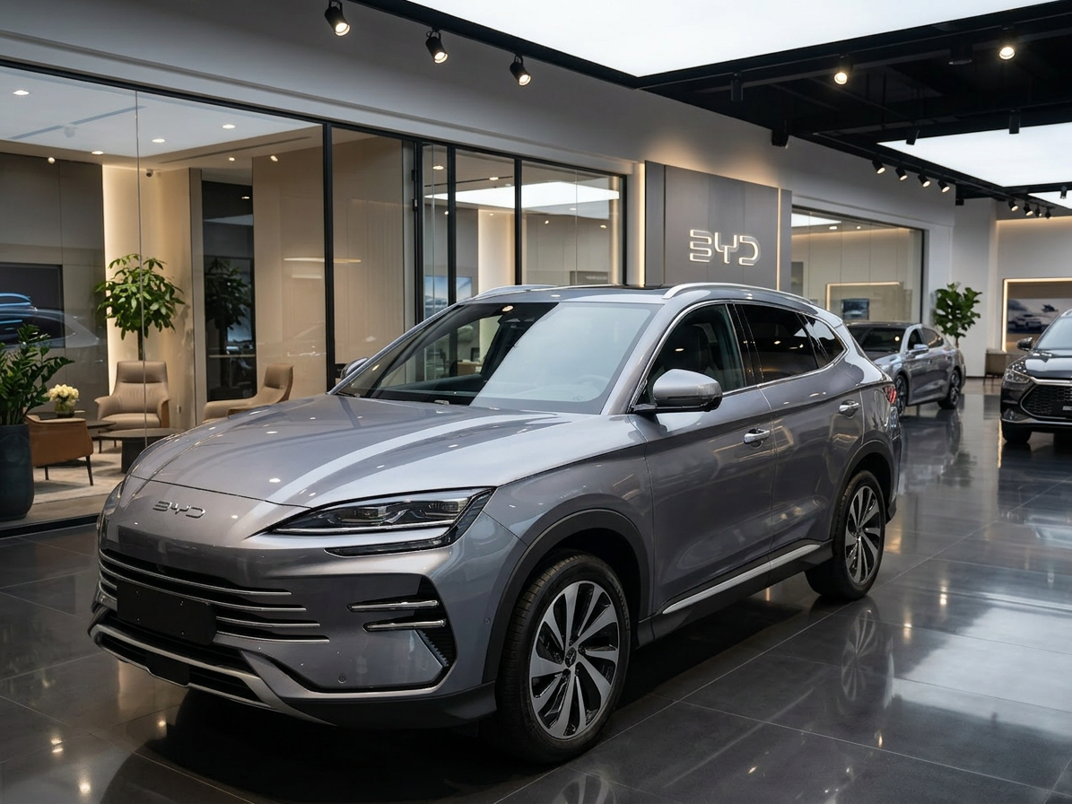 Grauer BYD SUV Frontansicht vor modernem Industriegebäude